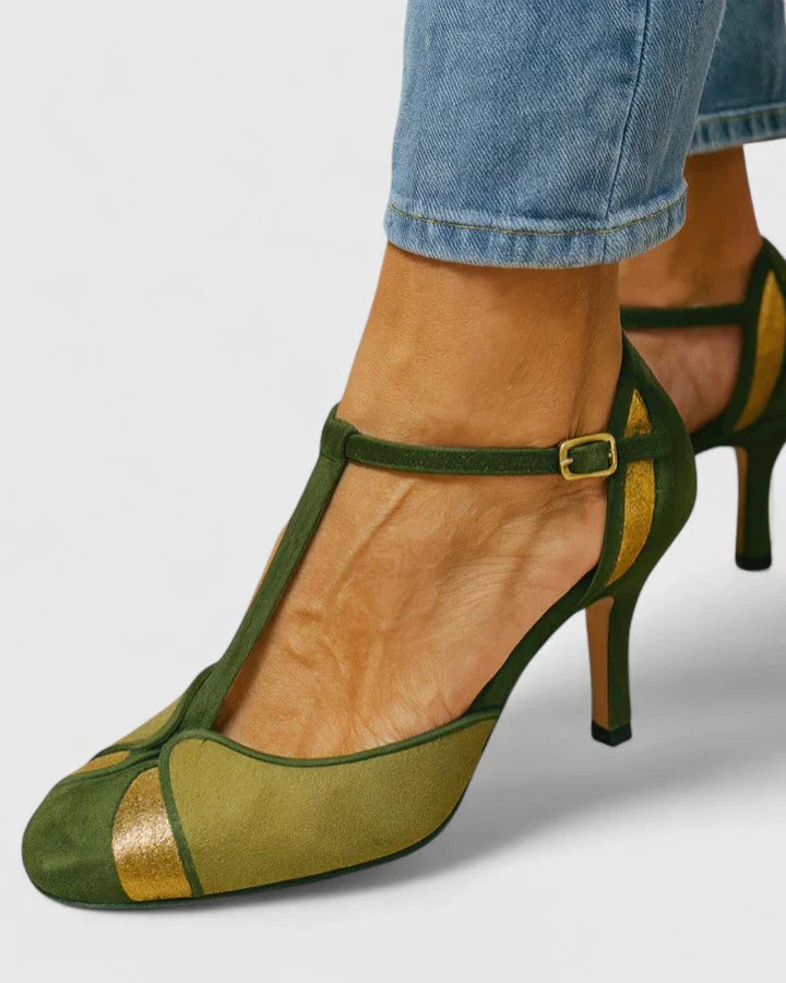 Damen T-Spangen High Heels in Grün