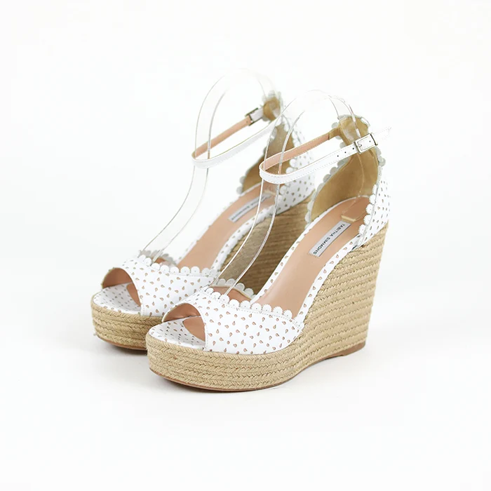 TABITHA SIMMONS Harp Perforated Scalloped Leather Wedge Sandals