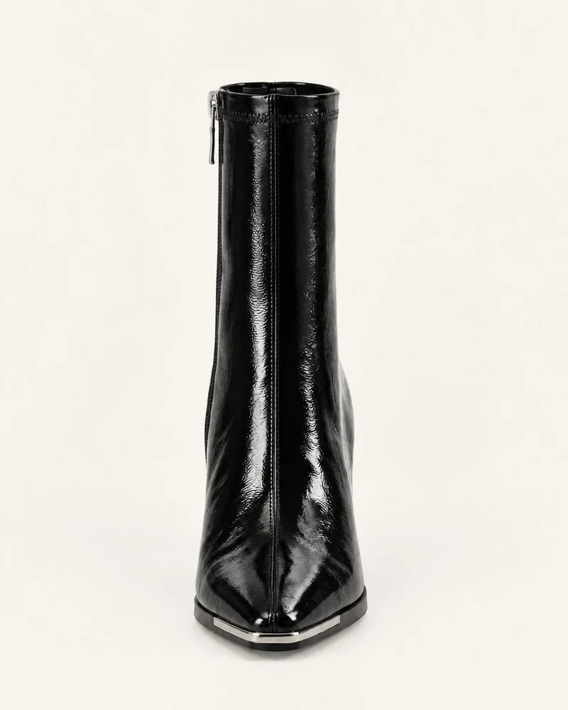 Patent Leather Block Heel Stretch Ankle Boots