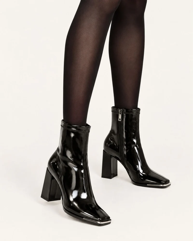 Patent Leather Block Heel Stretch Ankle Boots