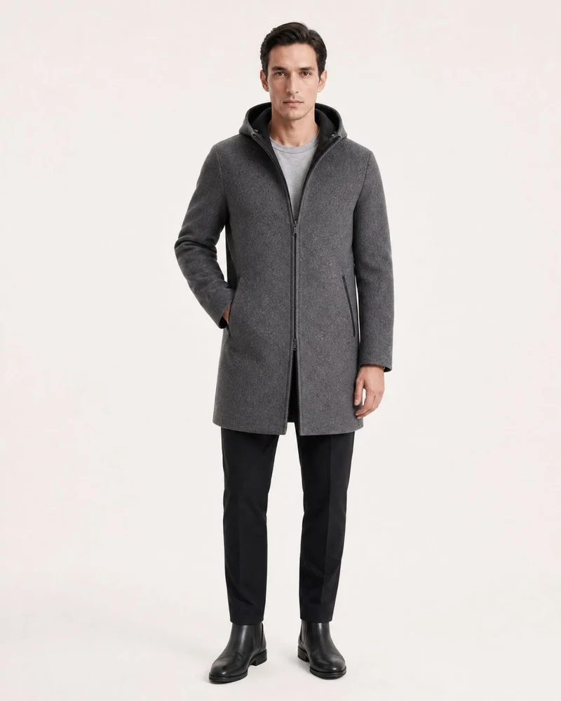 Hooded Double-Faced Wool Coat with Down Liner