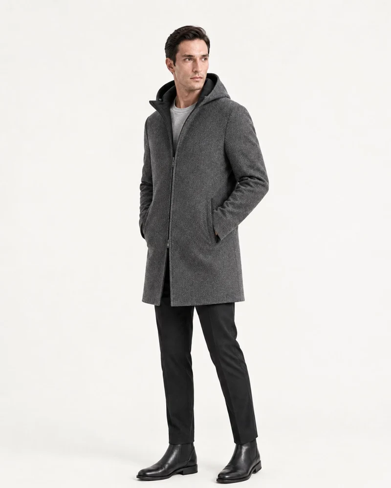 Hooded Double-Faced Wool Coat with Down Liner
