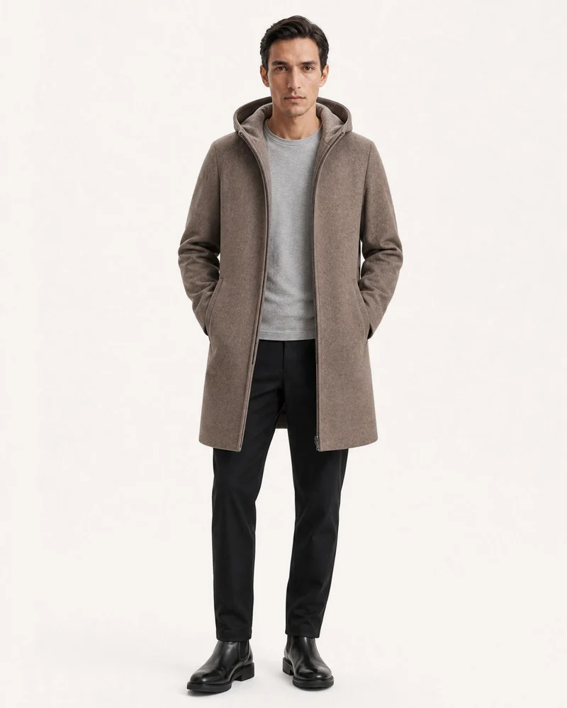 Hooded Double-Faced Wool Coat with Down Liner