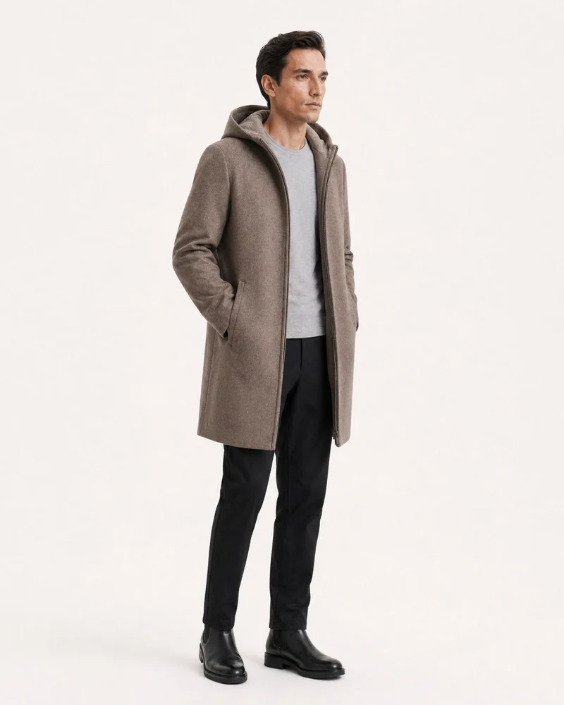 Hooded Double-Faced Wool Coat with Down Liner