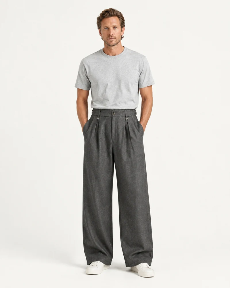 Pleated Barrel-Leg Straight Trousers