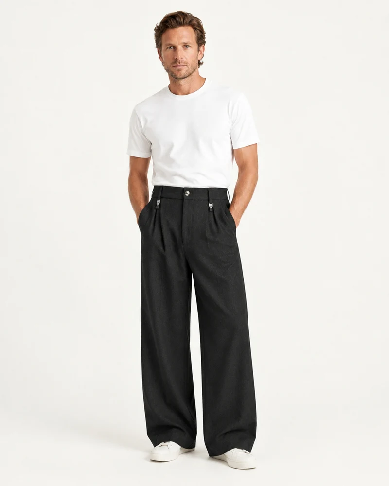 Pleated Barrel-Leg Straight Trousers