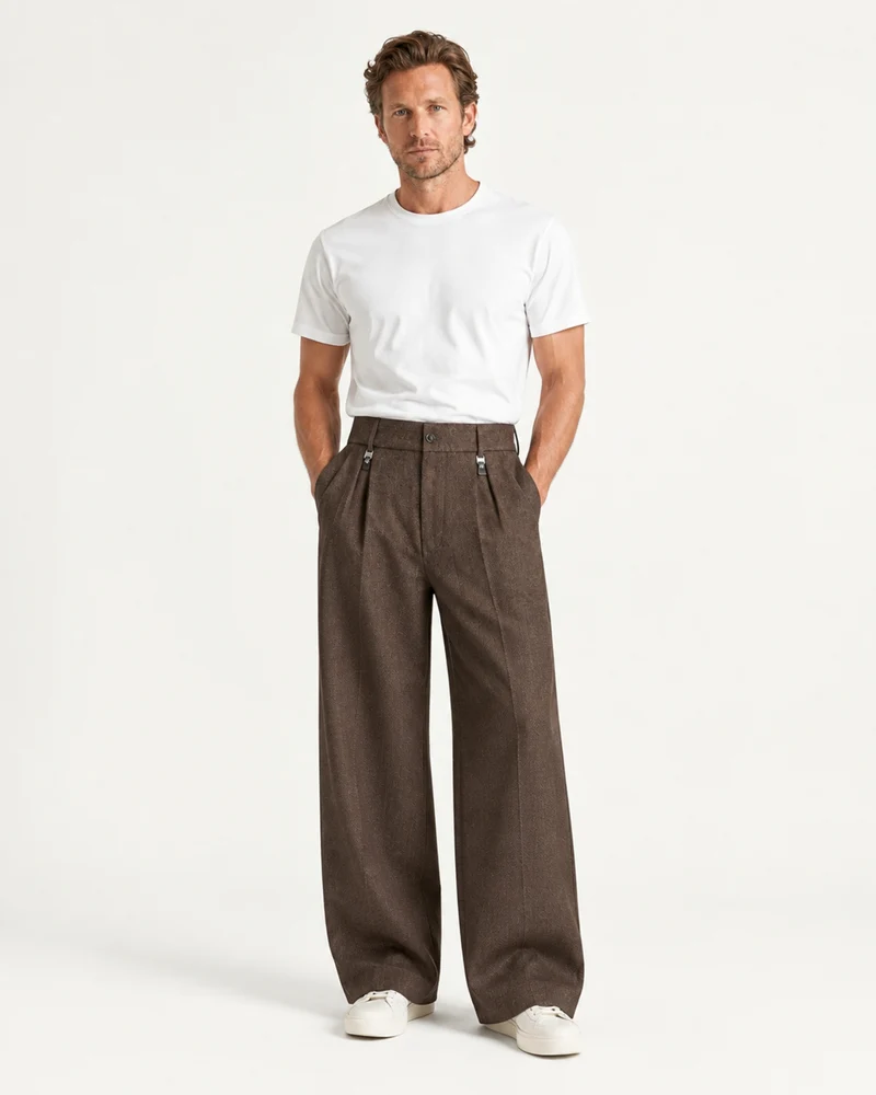 Pleated Barrel-Leg Straight Trousers