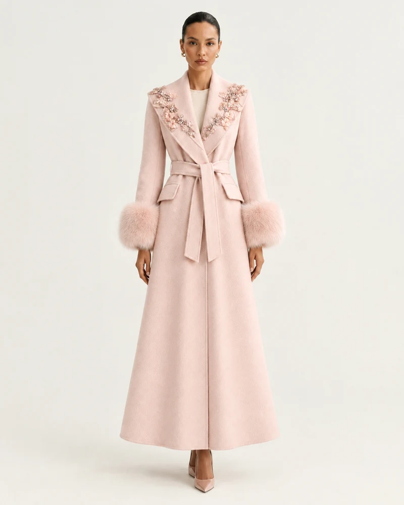 Hamptons Fox Fur Collar Embellished Wool Cashmere Coat