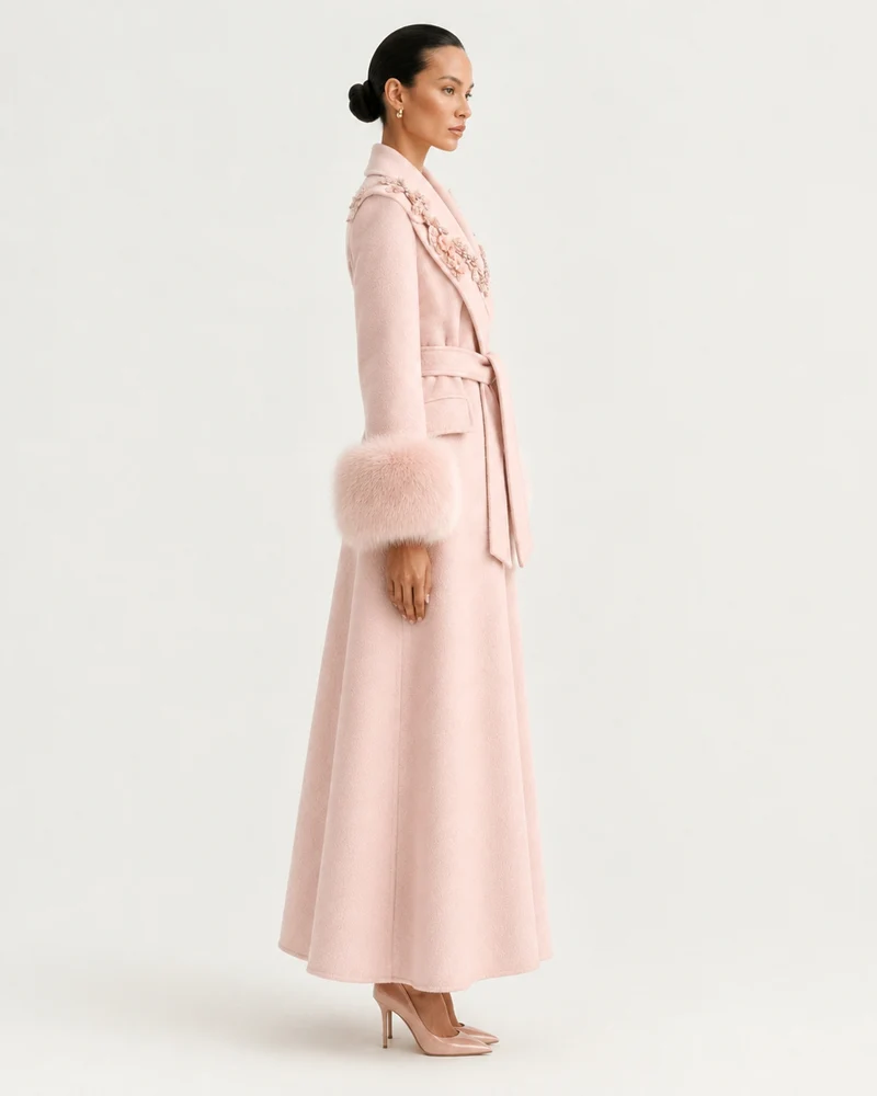 Hamptons Fox Fur Collar Embellished Wool Cashmere Coat