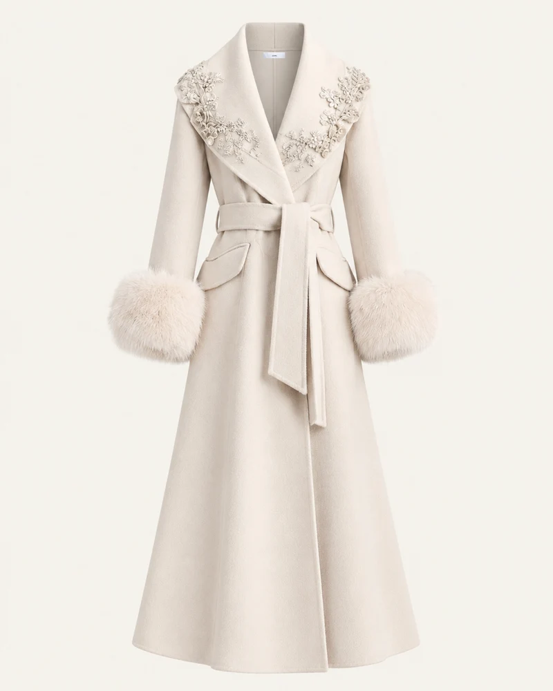 Hamptons Fox Fur Collar Embellished Wool Cashmere Coat