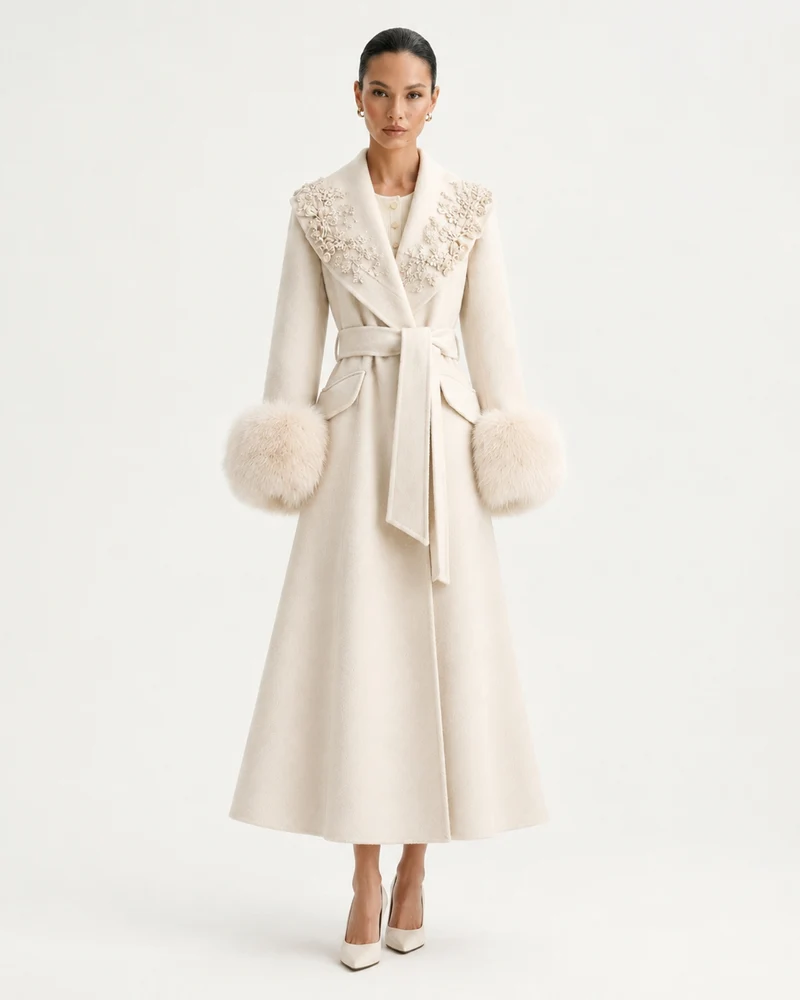 Hamptons Fox Fur Collar Embellished Wool Cashmere Coat