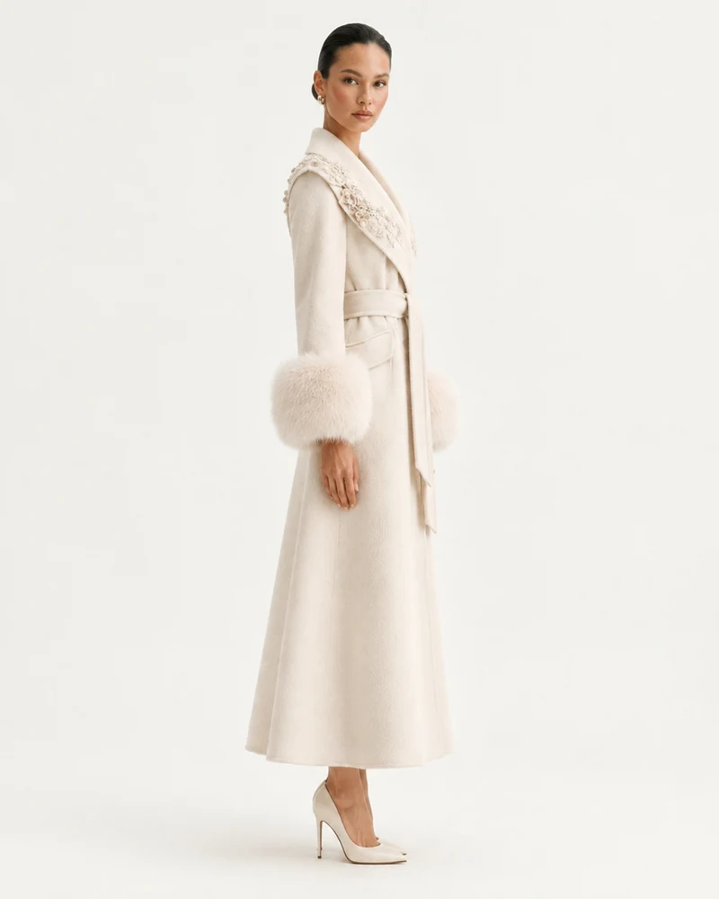 Hamptons Fox Fur Collar Embellished Wool Cashmere Coat
