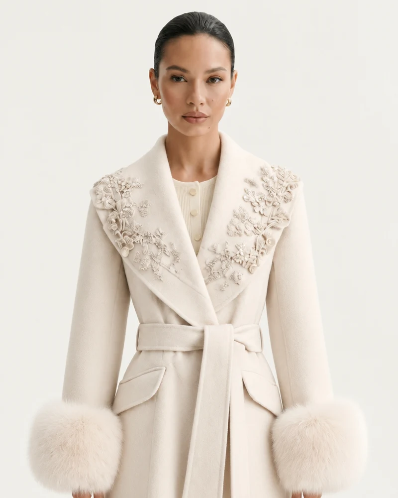 Hamptons Fox Fur Collar Embellished Wool Cashmere Coat