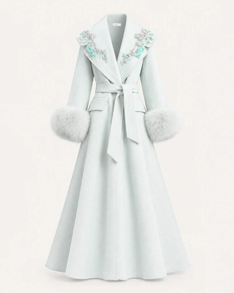 Hamptons Fox Fur Collar Embellished Wool Cashmere Coat