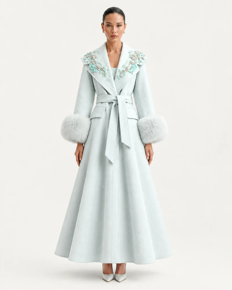 Hamptons Fox Fur Collar Embellished Wool Cashmere Coat
