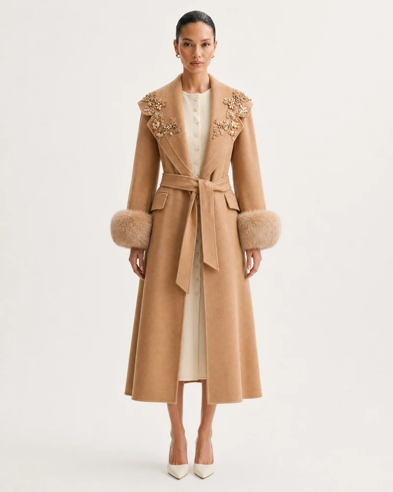 Hamptons Fox Fur Collar Embellished Wool Cashmere Coat