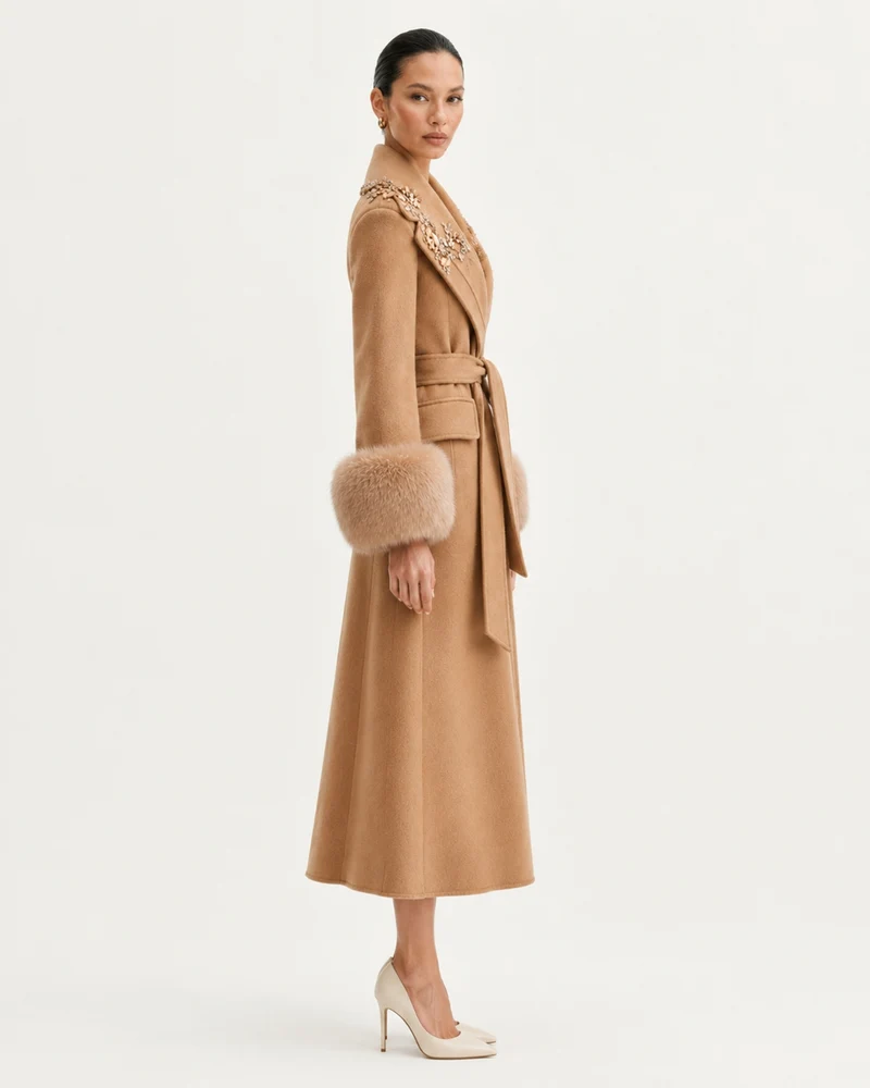 Hamptons Fox Fur Collar Embellished Wool Cashmere Coat