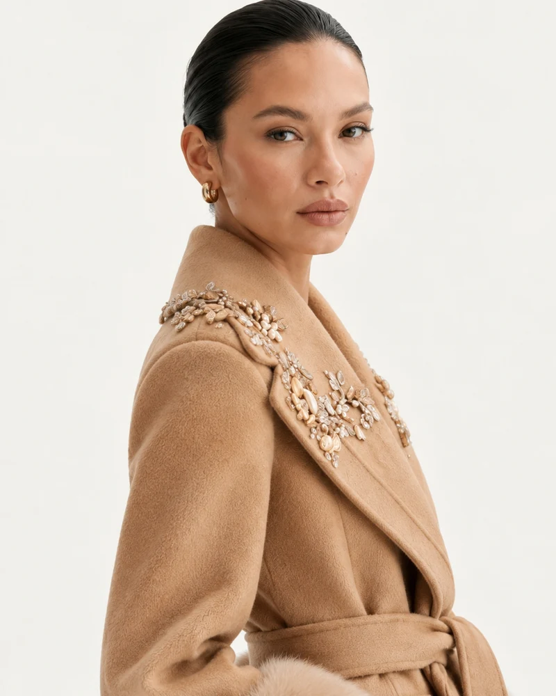 Hamptons Fox Fur Collar Embellished Wool Cashmere Coat