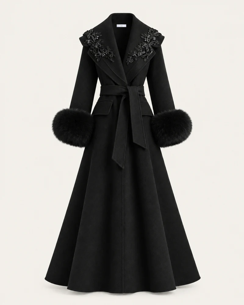 Hamptons Fox Fur Collar Embellished Wool Cashmere Coat