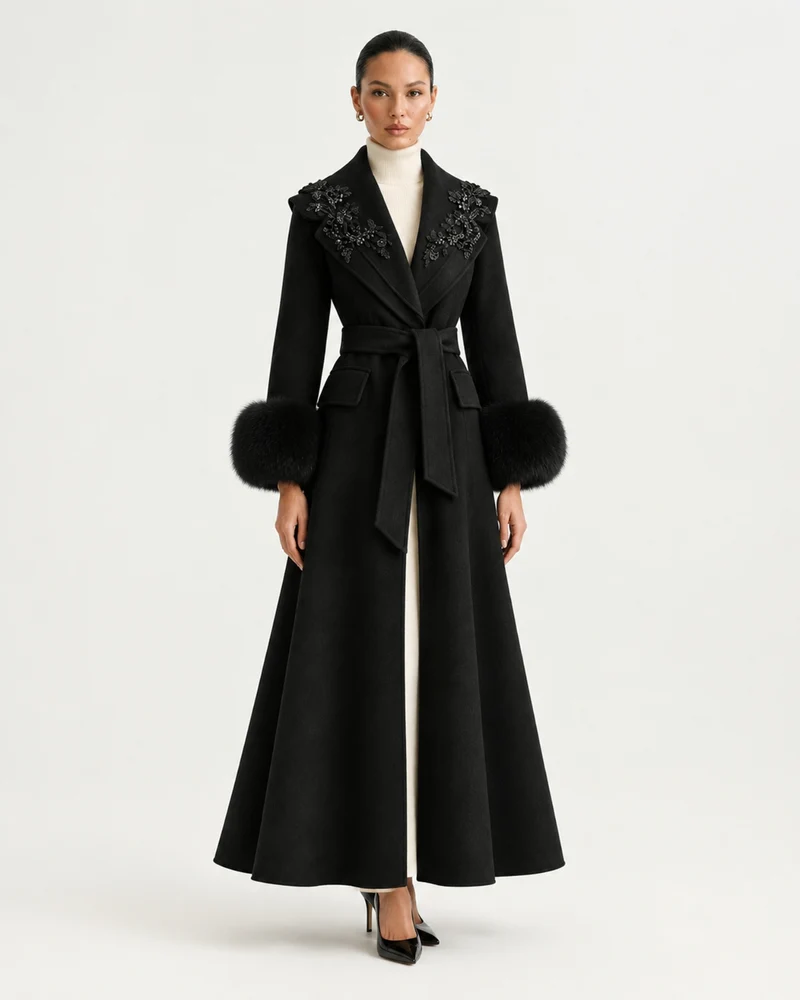 Hamptons Fox Fur Collar Embellished Wool Cashmere Coat