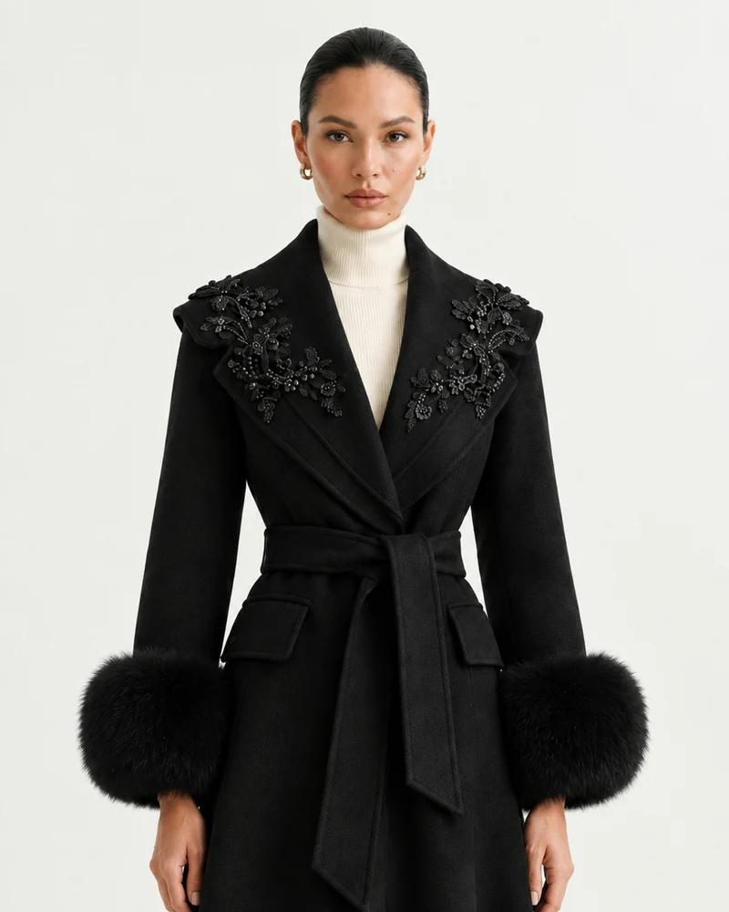 Hamptons Fox Fur Collar Embellished Wool Cashmere Coat