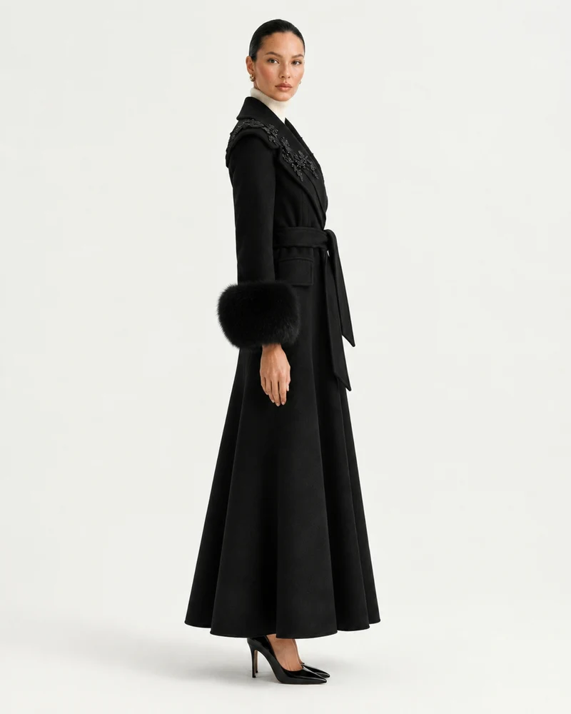 Hamptons Fox Fur Collar Embellished Wool Cashmere Coat