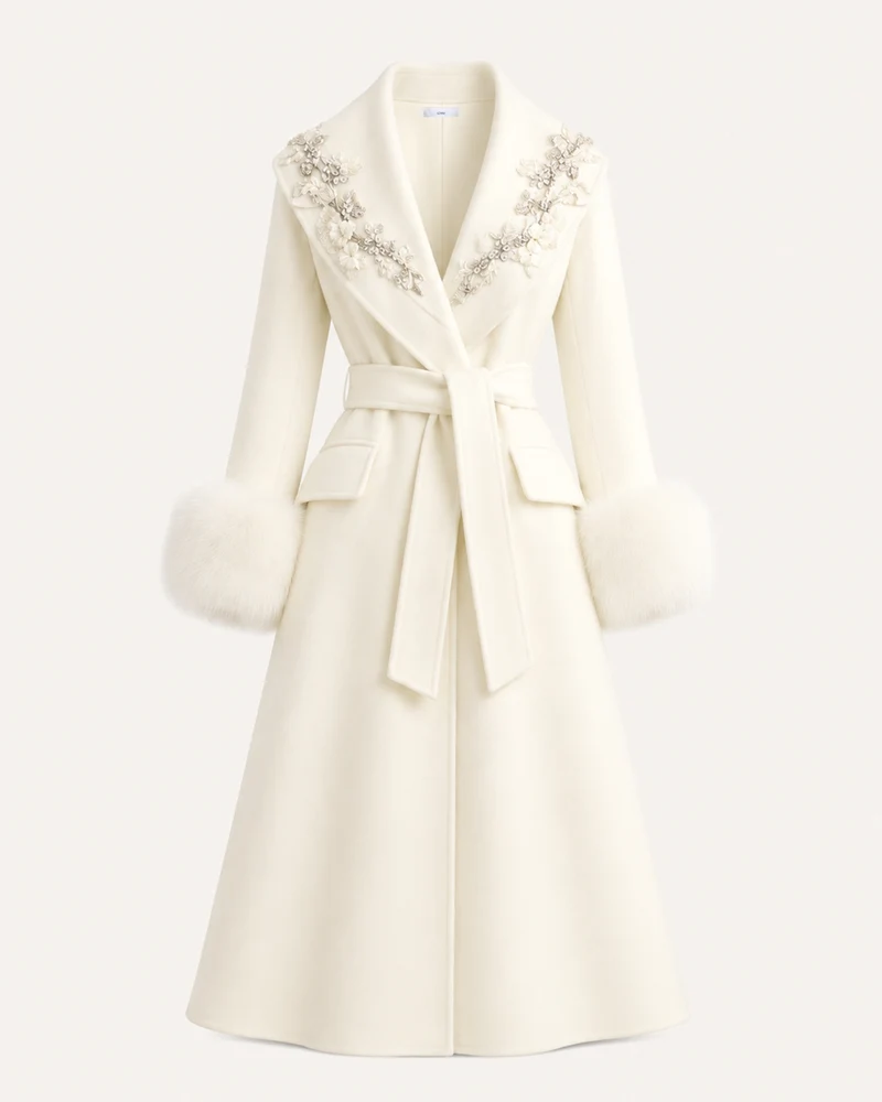 Hamptons Fox Fur Collar Embellished Wool Cashmere Coat