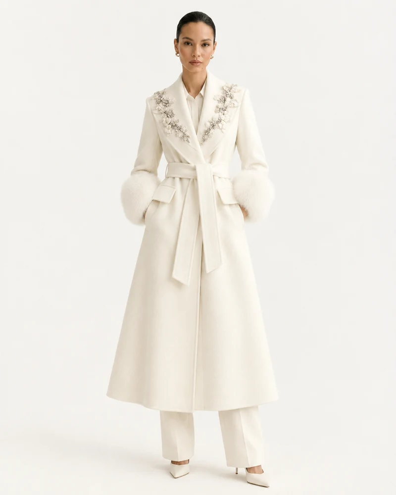 Hamptons Fox Fur Collar Embellished Wool Cashmere Coat