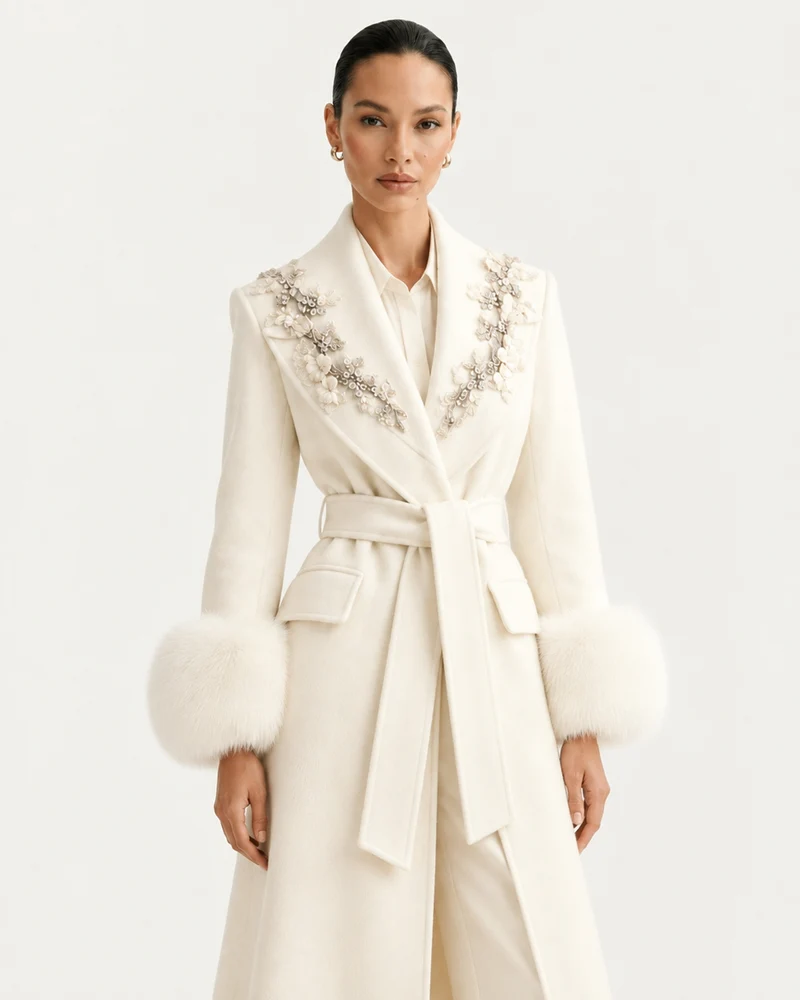 Hamptons Fox Fur Collar Embellished Wool Cashmere Coat