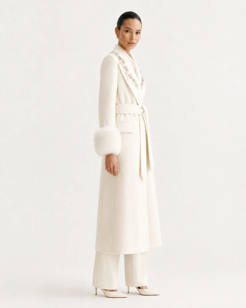 Hamptons Fox Fur Collar Embellished Wool Cashmere Coat