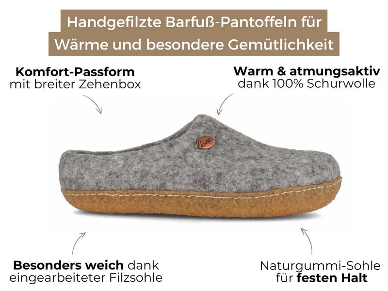 Barfuß-Hausschuh Footprint mit Naturgummisohle, steingrau