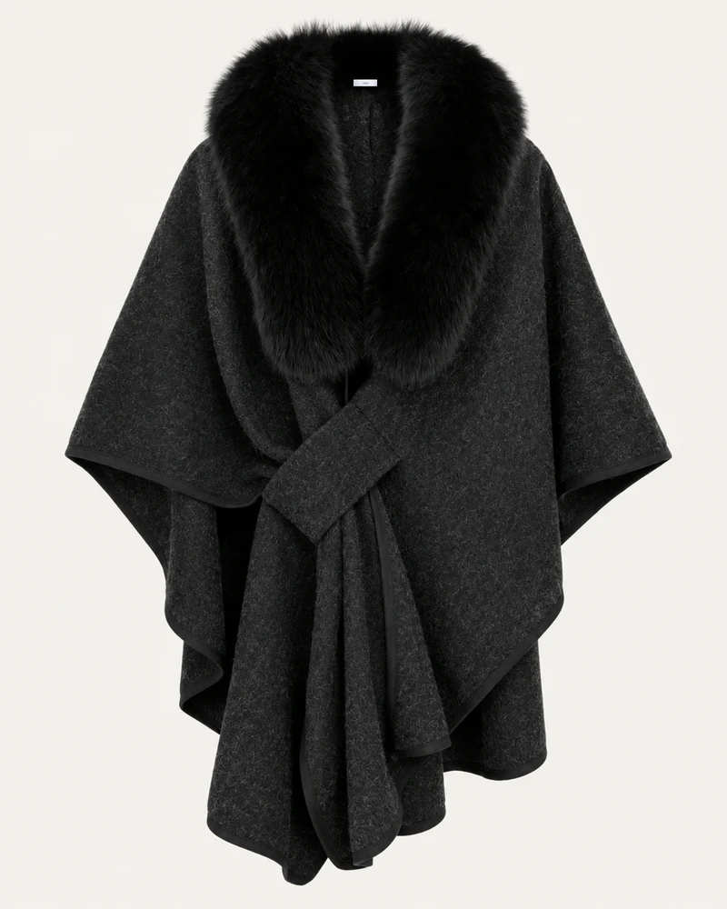Real Fox Fur Collar Knit Cape Wool Shawl