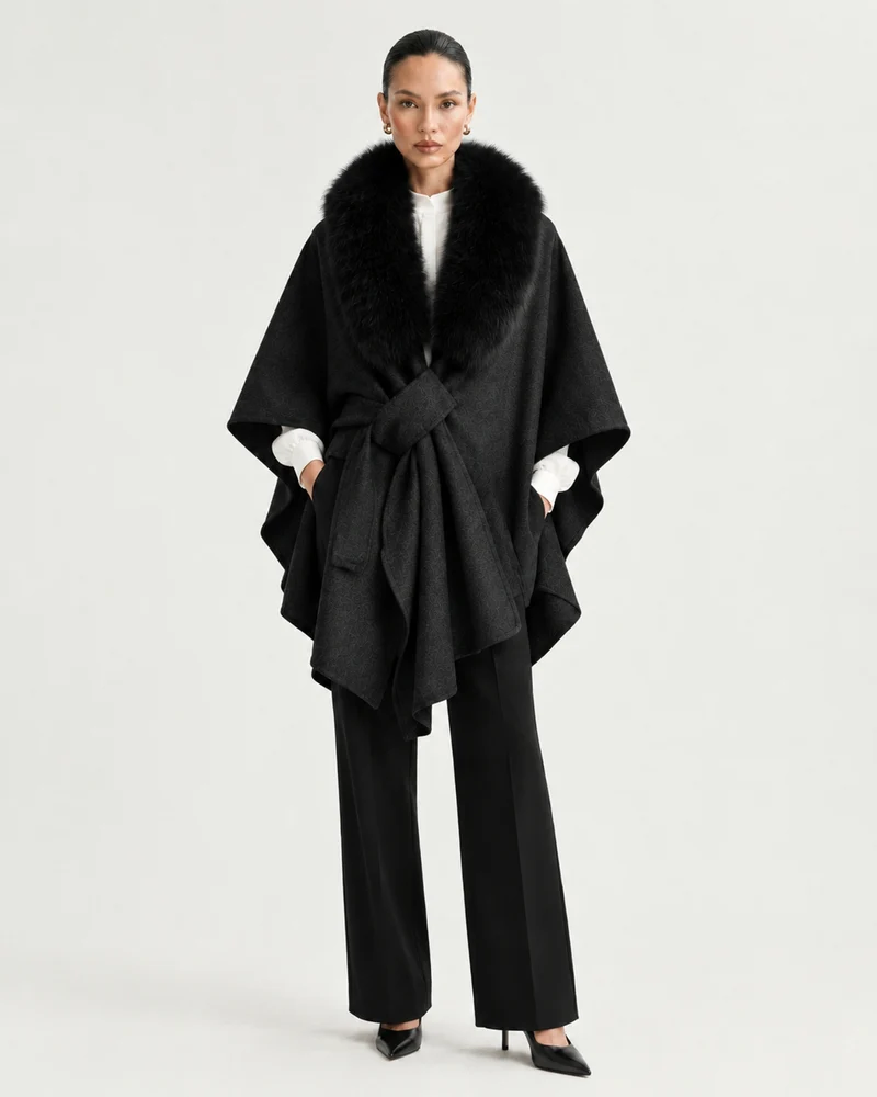 Real Fox Fur Collar Knit Cape Wool Shawl