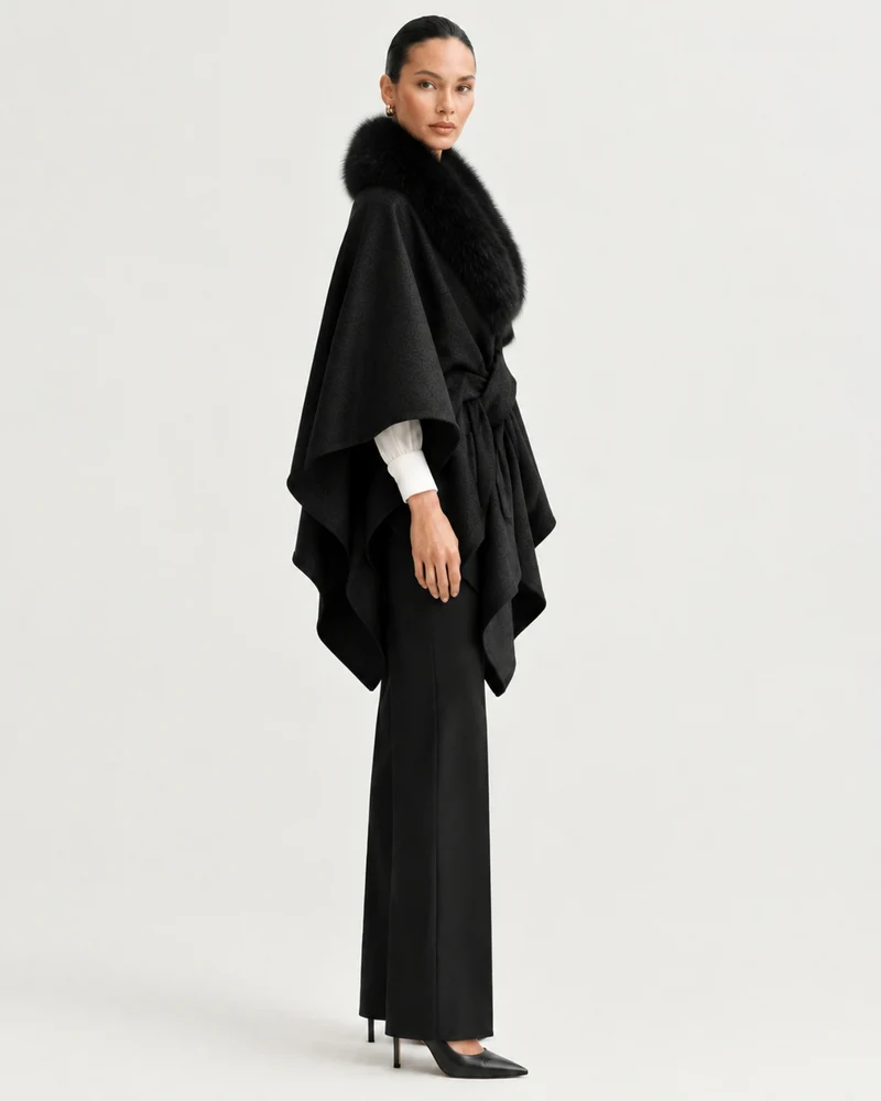 Real Fox Fur Collar Knit Cape Wool Shawl