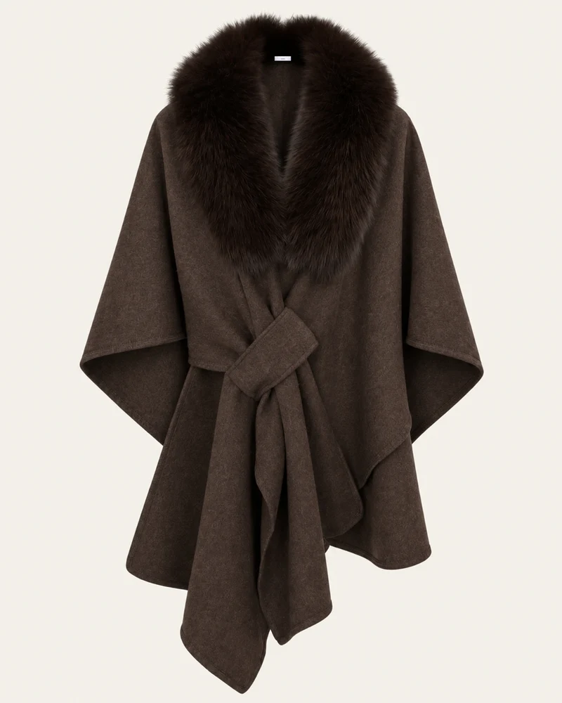 Real Fox Fur Collar Knit Cape Wool Shawl