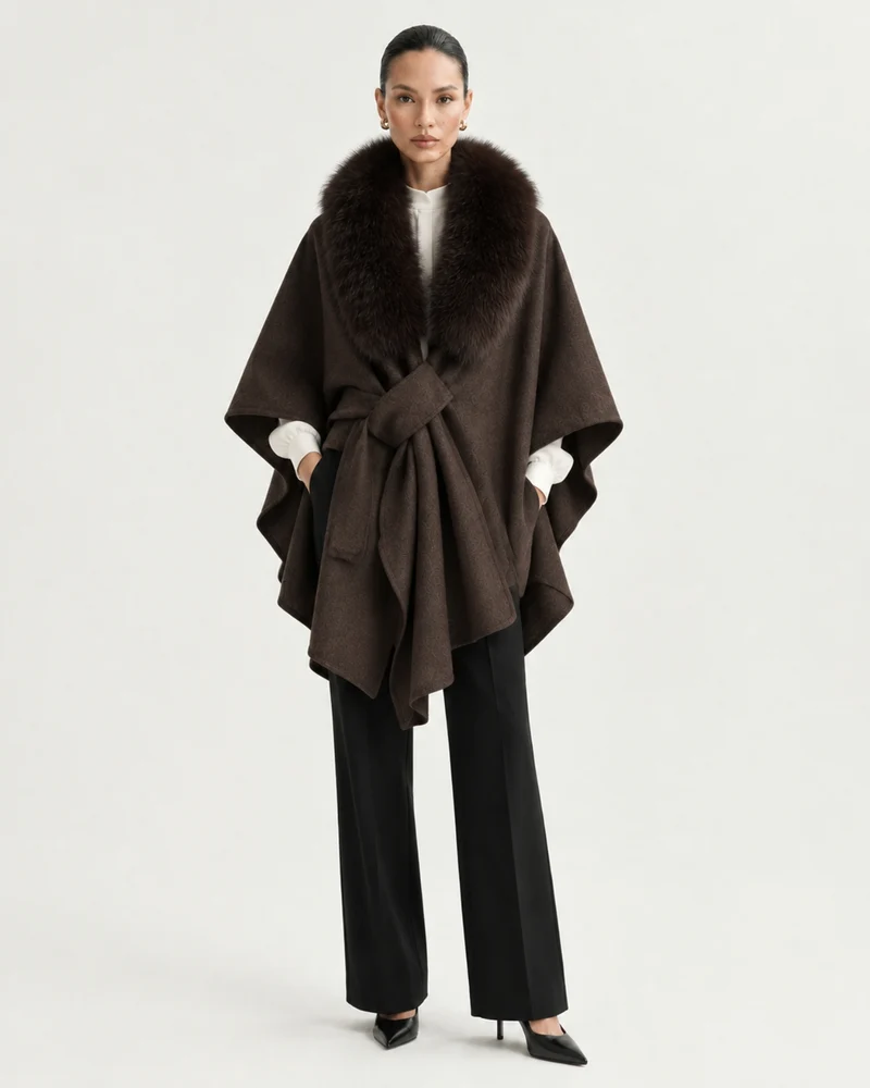 Real Fox Fur Collar Knit Cape Wool Shawl