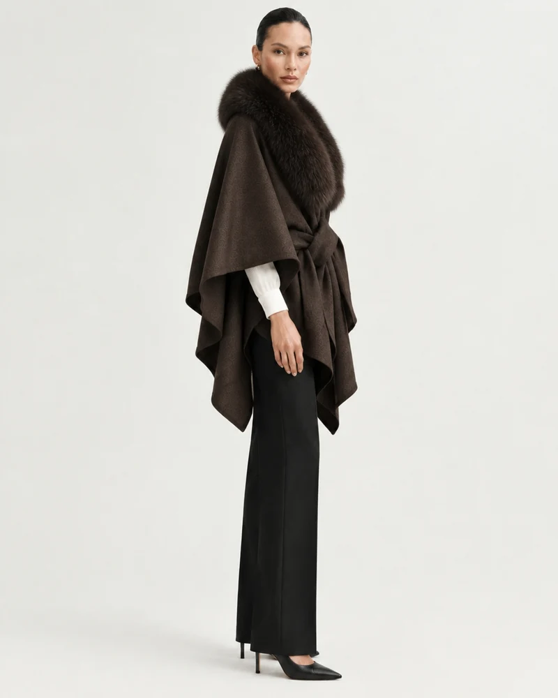 Real Fox Fur Collar Knit Cape Wool Shawl
