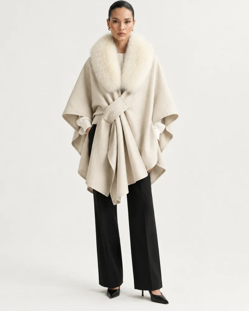 Real Fox Fur Collar Knit Cape Wool Shawl