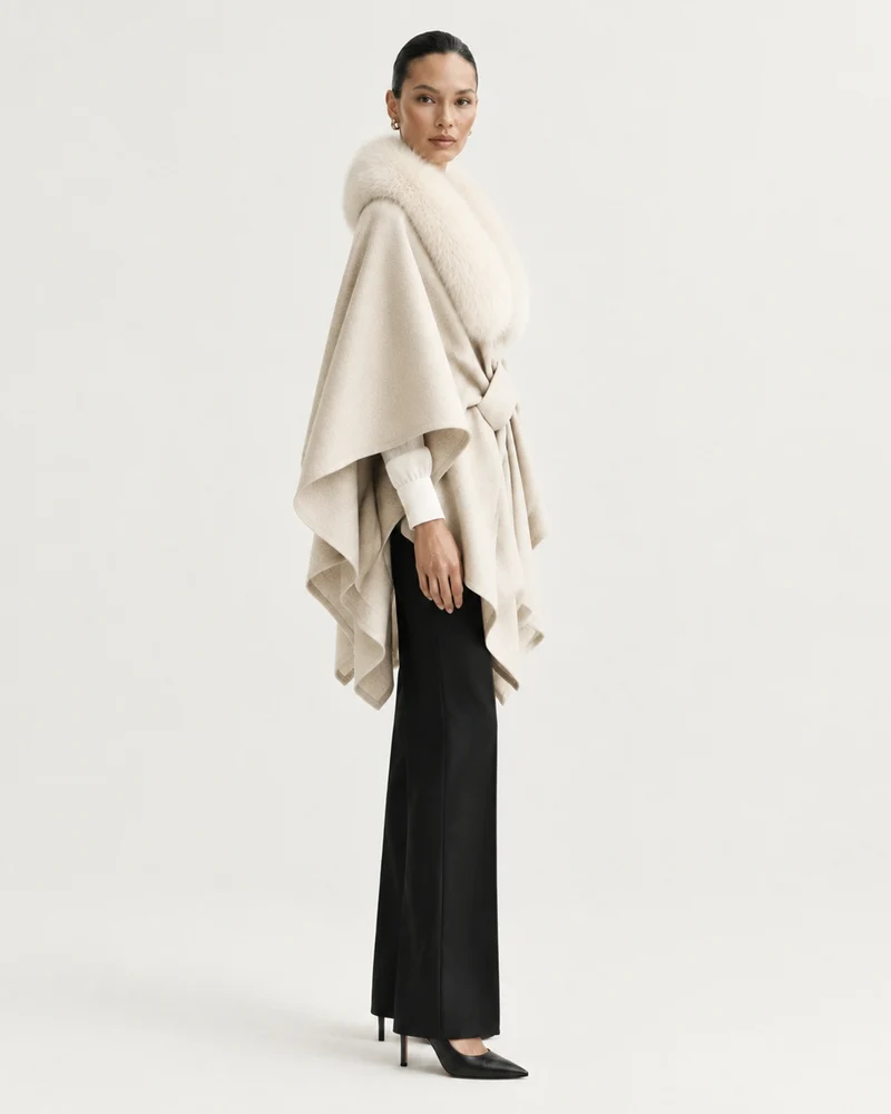 Real Fox Fur Collar Knit Cape Wool Shawl