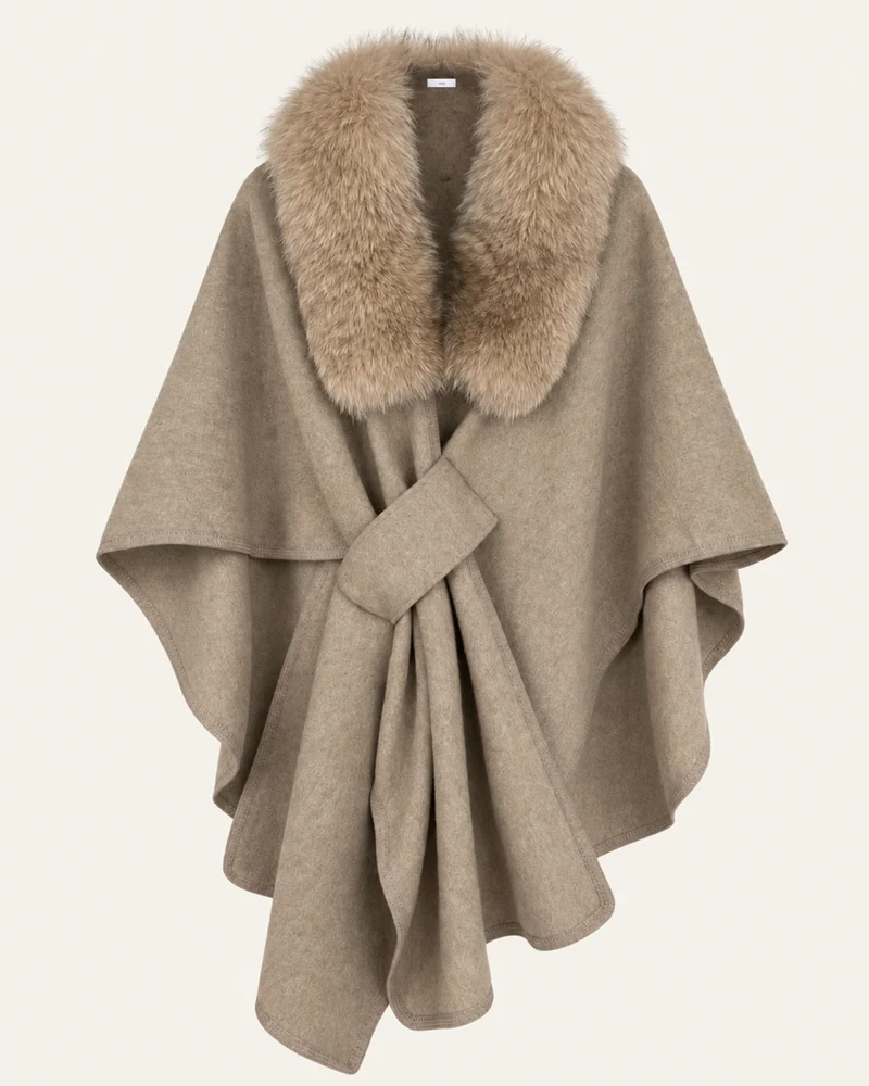 Real Fox Fur Collar Knit Cape Wool Shawl