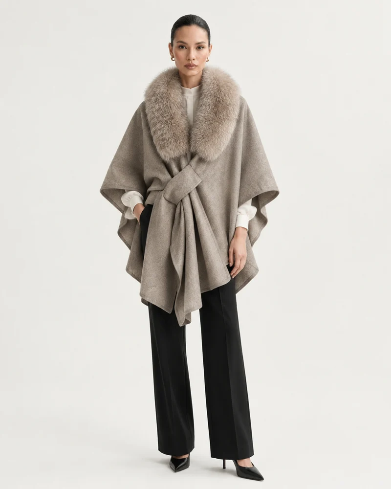 Real Fox Fur Collar Knit Cape Wool Shawl