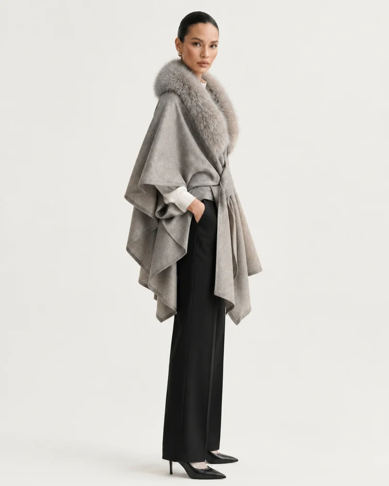 Real Fox Fur Collar Knit Cape Wool Shawl