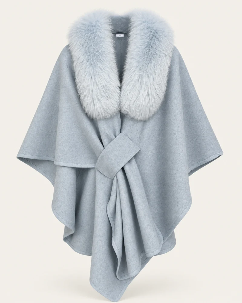 Real Fox Fur Collar Knit Cape Wool Shawl
