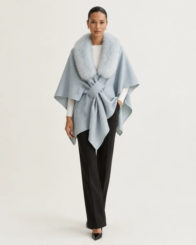 Real Fox Fur Collar Knit Cape Wool Shawl