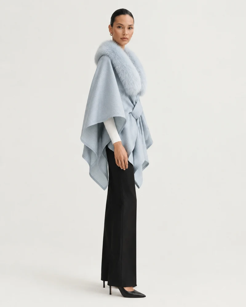 Real Fox Fur Collar Knit Cape Wool Shawl