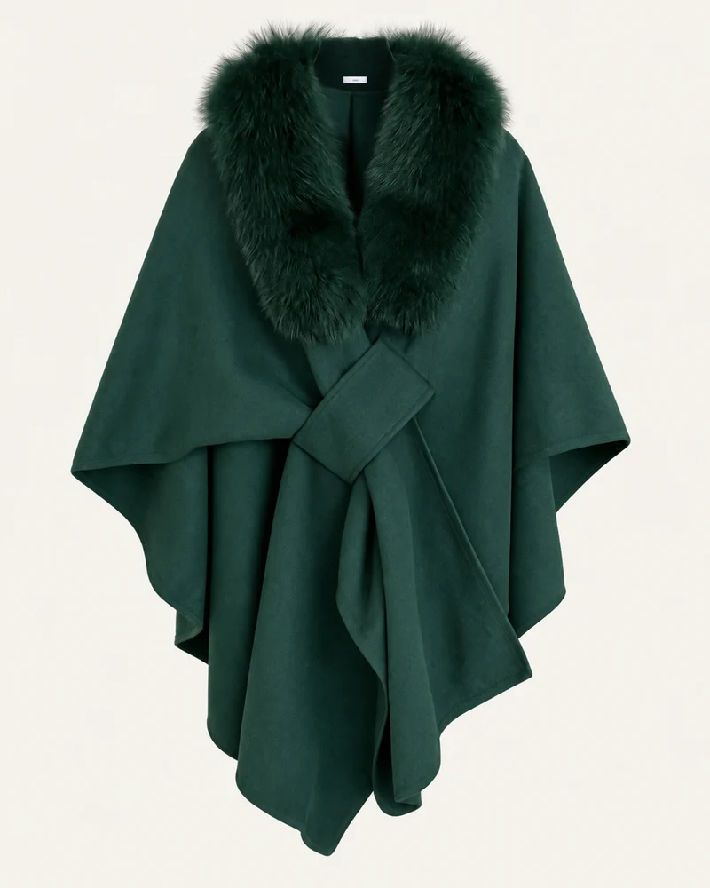 Real Fox Fur Collar Knit Cape Wool Shawl