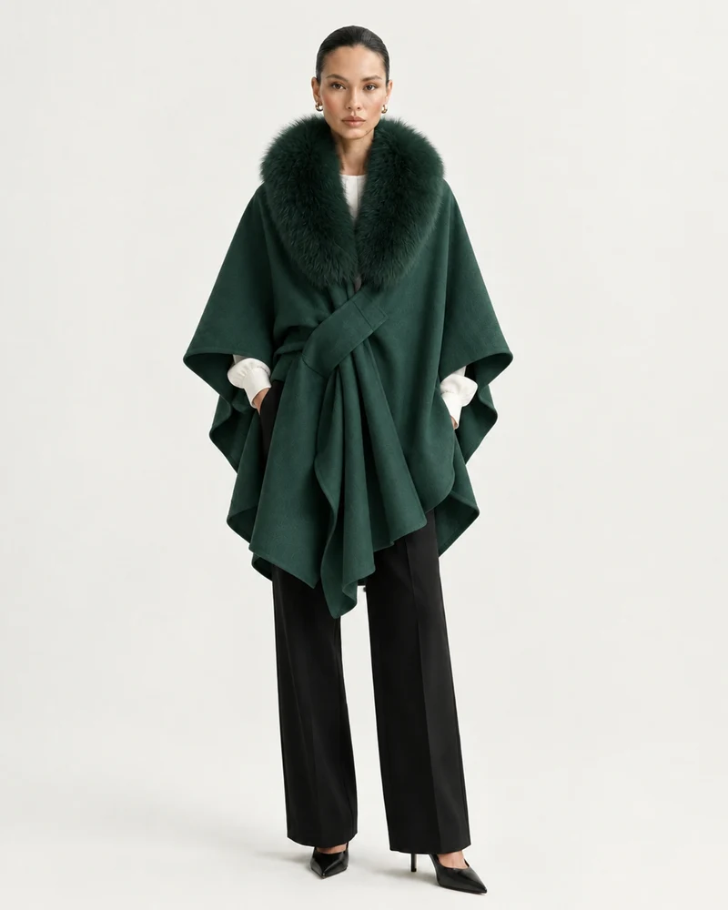 Real Fox Fur Collar Knit Cape Wool Shawl