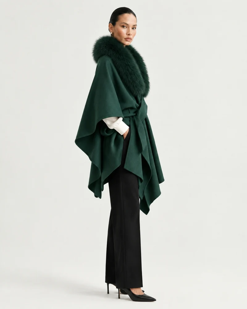 Real Fox Fur Collar Knit Cape Wool Shawl
