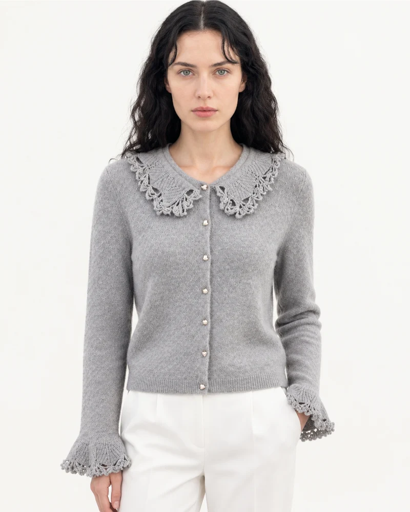 Cashmere Crochet Collar Sweater Cardigan