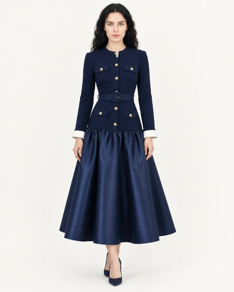 Navy Blue Colorblock Maxi Dress